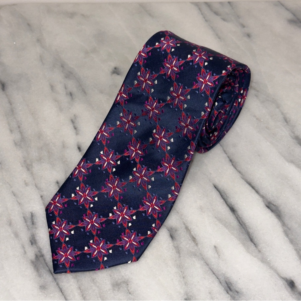 Steve Harvey Code Red Men's Blue Red Geometric Necktie 100% Handmade Silk Tie